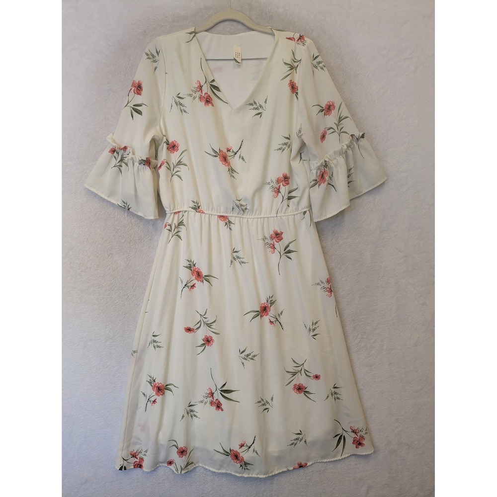 Flamingo Floral Bell Sleeve Midi Dress Women's Medium Cream Pink V-Neck
